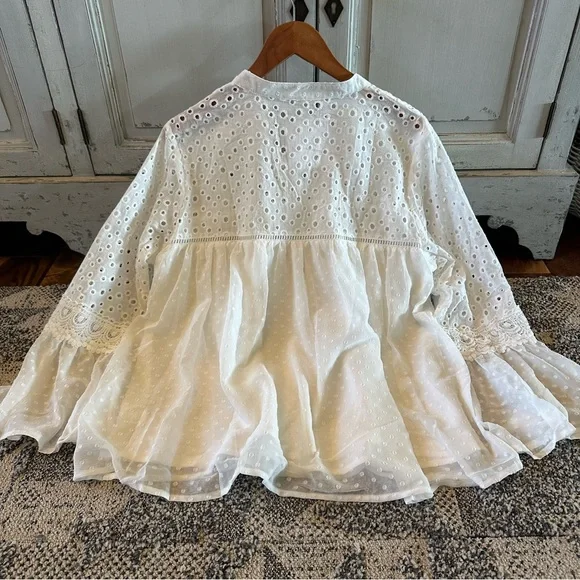 New Women's Boutique White Lace Chiffon Long Sleeve Ethereal Boho Blouse Top - Picture 6 of 9